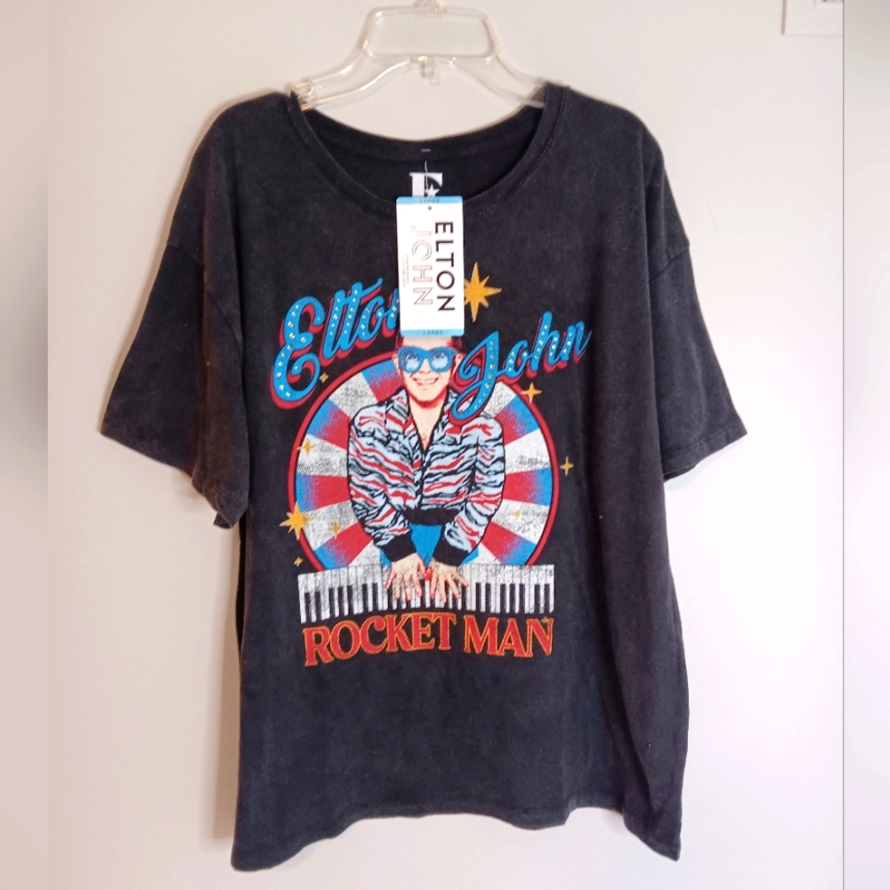 New Elton John Licensed Band Tee Shirt Black Sz Large Rocket Man